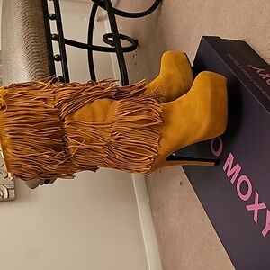 MOJO MOXY MUSTARD KNEE HIGH FRINGE PLATFORM BOOTS
